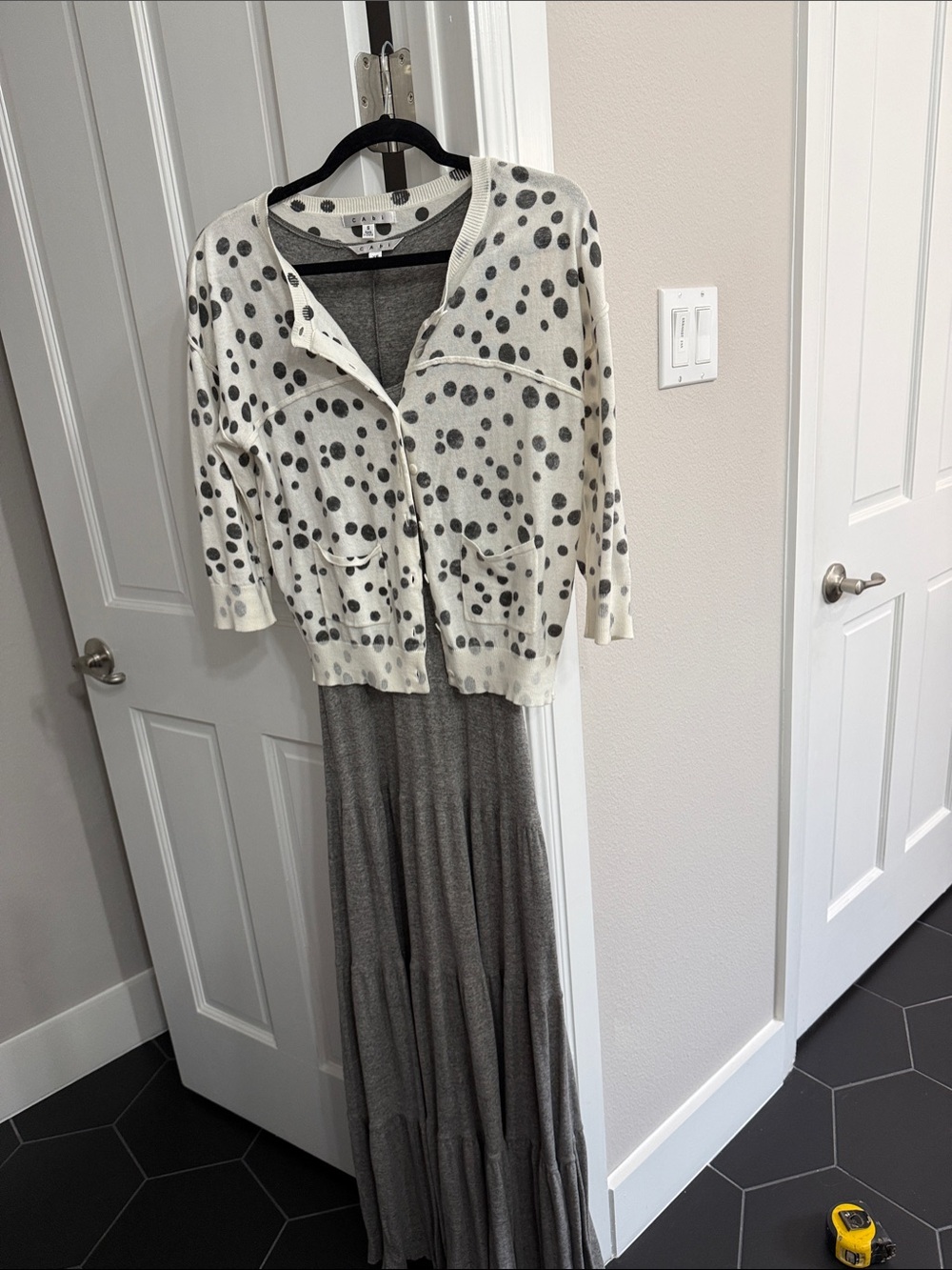 CAbi Cream Polka Dot Cardigan with Gray Maxi Dress